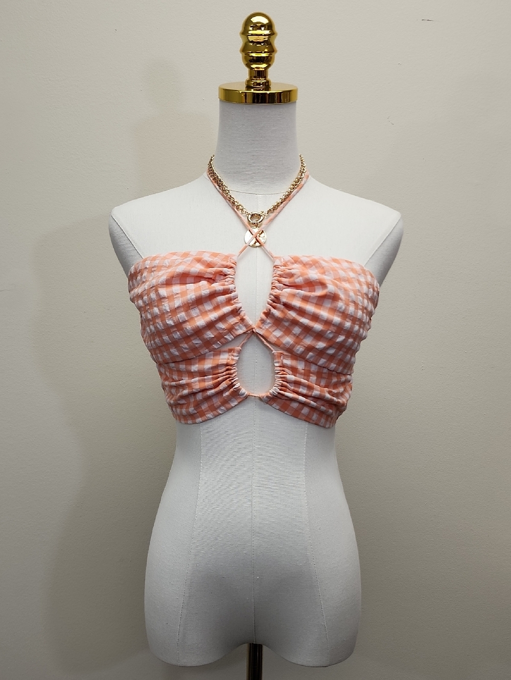 Cotton Candy LA Gingham Strapless Smocked Crop Top Keyhole Tie Peach Size Small